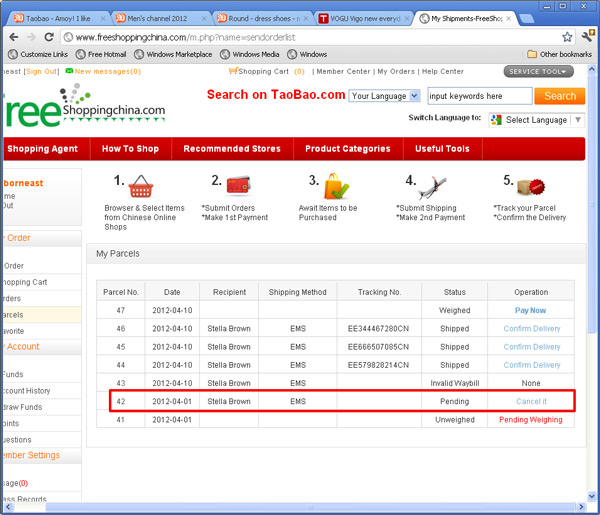 check parcel entry in my parcels page