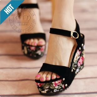 New floral wedges fresh Scrubs thick-soled shoes high heels straps platform Sandals-fish mouth-words-the company
