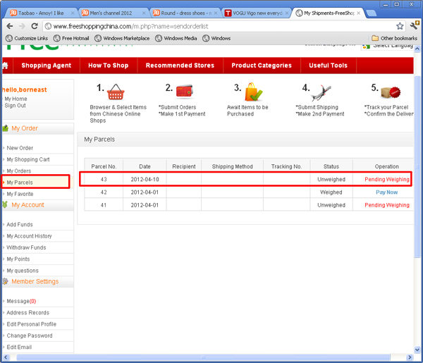pending parcel entry in My Parcels page