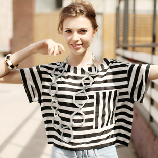 Black and white striped short sleeve chiffon shirt loose pinstriped Korean Navy sailor ' s striped shirt women-the company