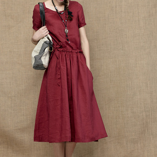 Presale as long fan of literature and art in the original women's high-end ramie cotton dresses women short sleeve summer dress-the company