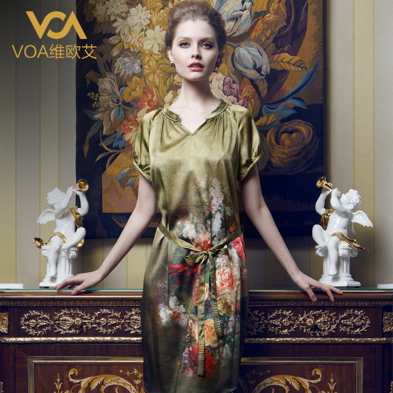 VOA weiouai summer silk dress in silk chiffon dress with short sleeves of the European silk long skirt A072-tmall.com CAT