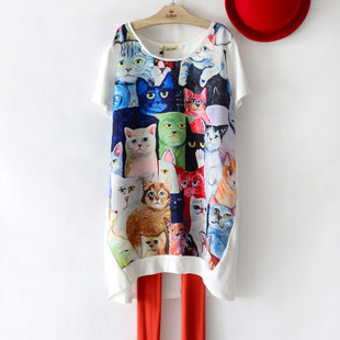 Europe and the wind cat patterned chiffon splicing long short sleeve women t shirts in cotton summer dress-2013 new Taobao